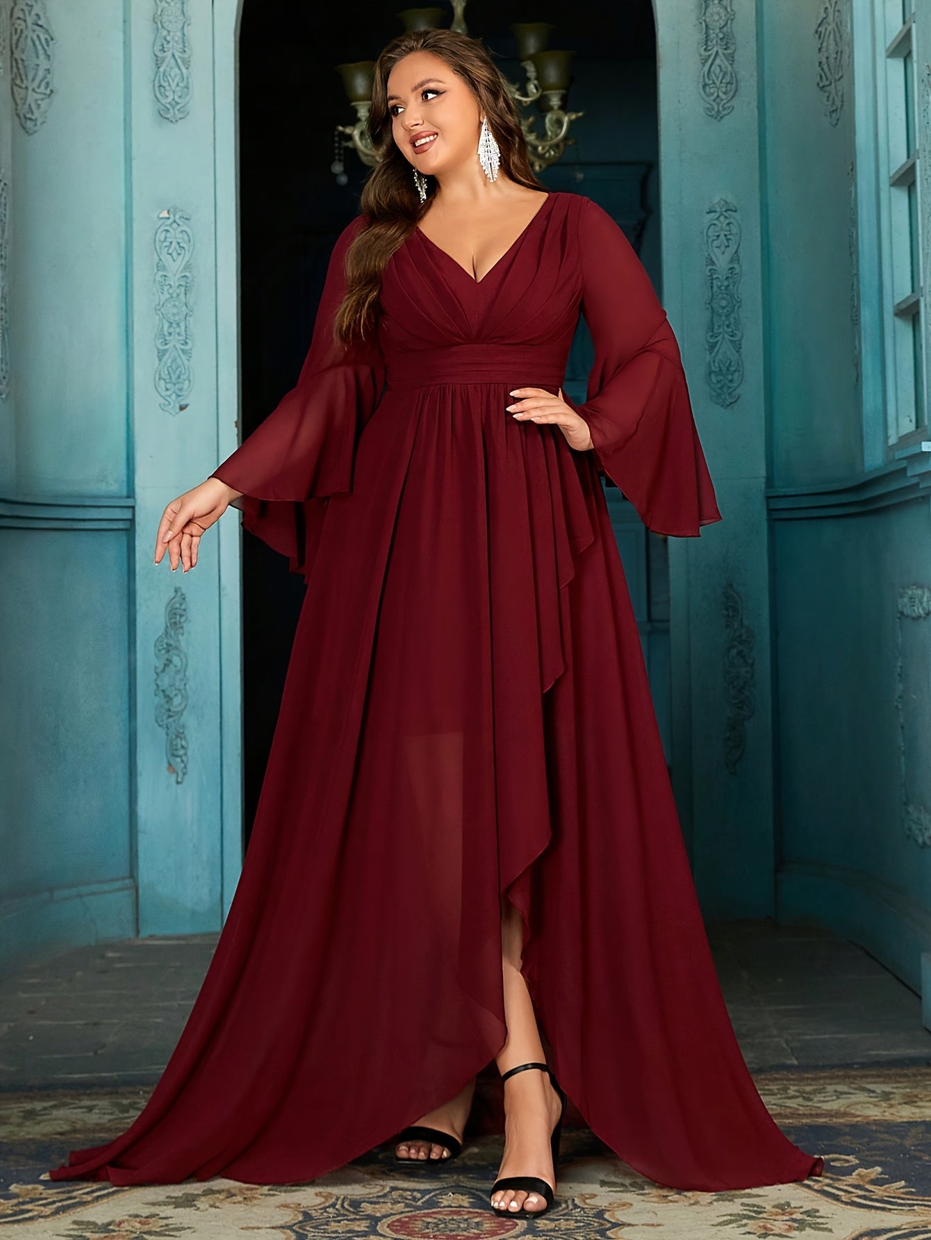 Women's Plus Size Wine Red V-Neck Floor-Length Bridesmaid Dress Formal Gown Flutter Sleeves