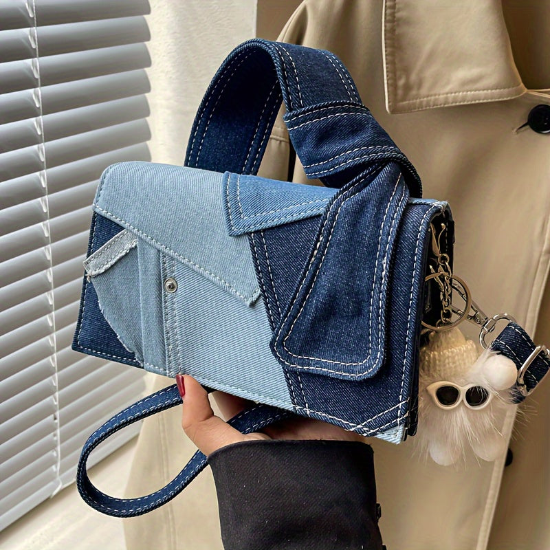 Women's Denim-Inspired Crossbody Bag with Magnetic Closure and Machine Washable Material in Royal Blue and Black