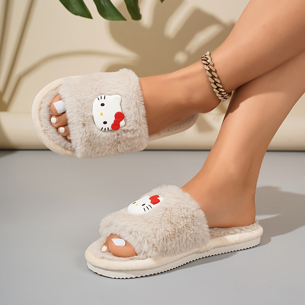 Women's Faux Fur Slip-On Slippers with Bow Decor Indoor Outdoor Comfortable