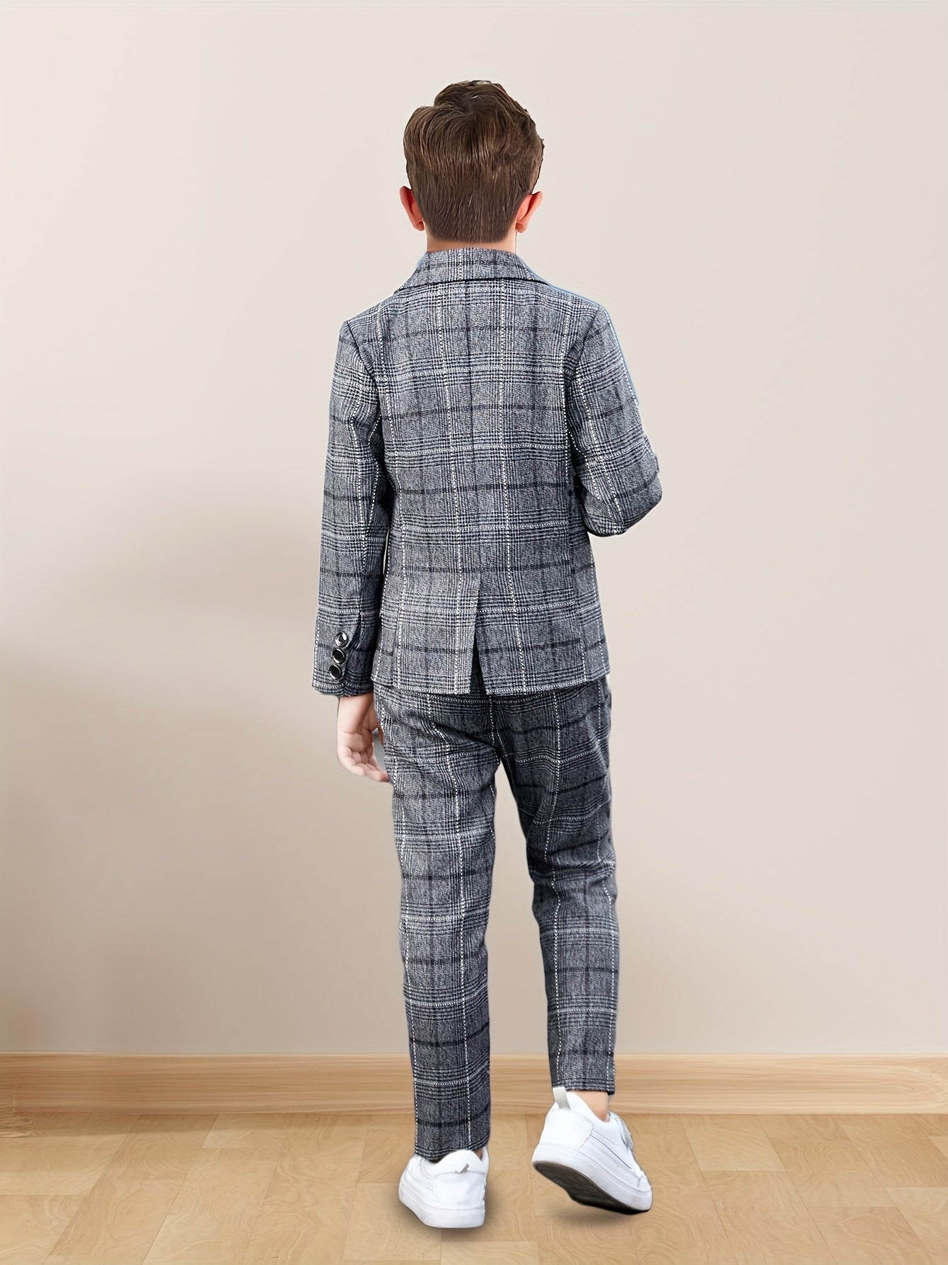 Boys Plaid Suit Set for Spring Fall Formal Events Over 3 Years Old Polyester Blend Korean Style
