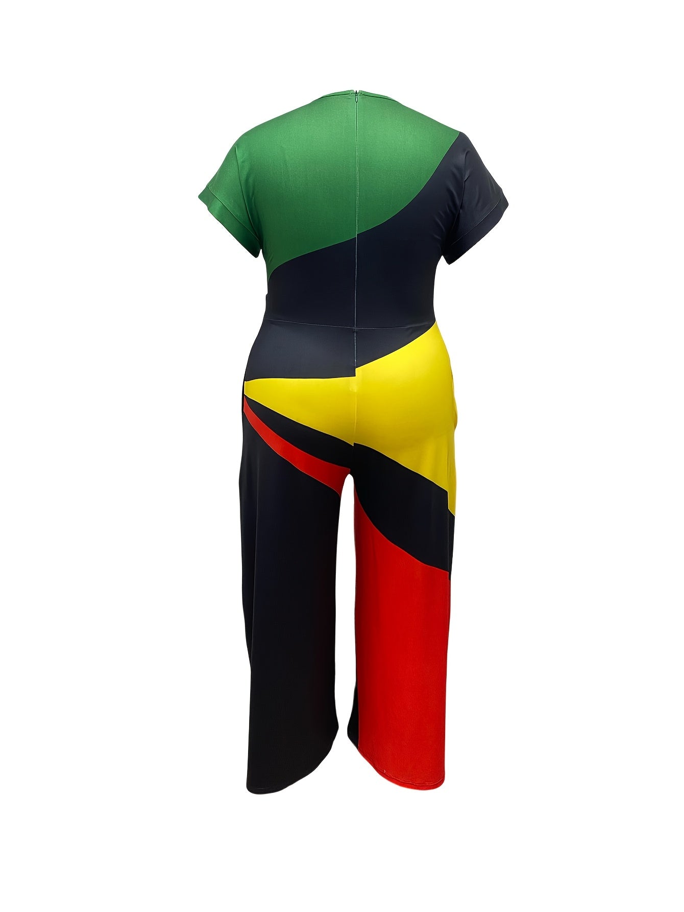 Women's Color-Block V-Neck Short Sleeve Jumpsuit Wide Leg Casual