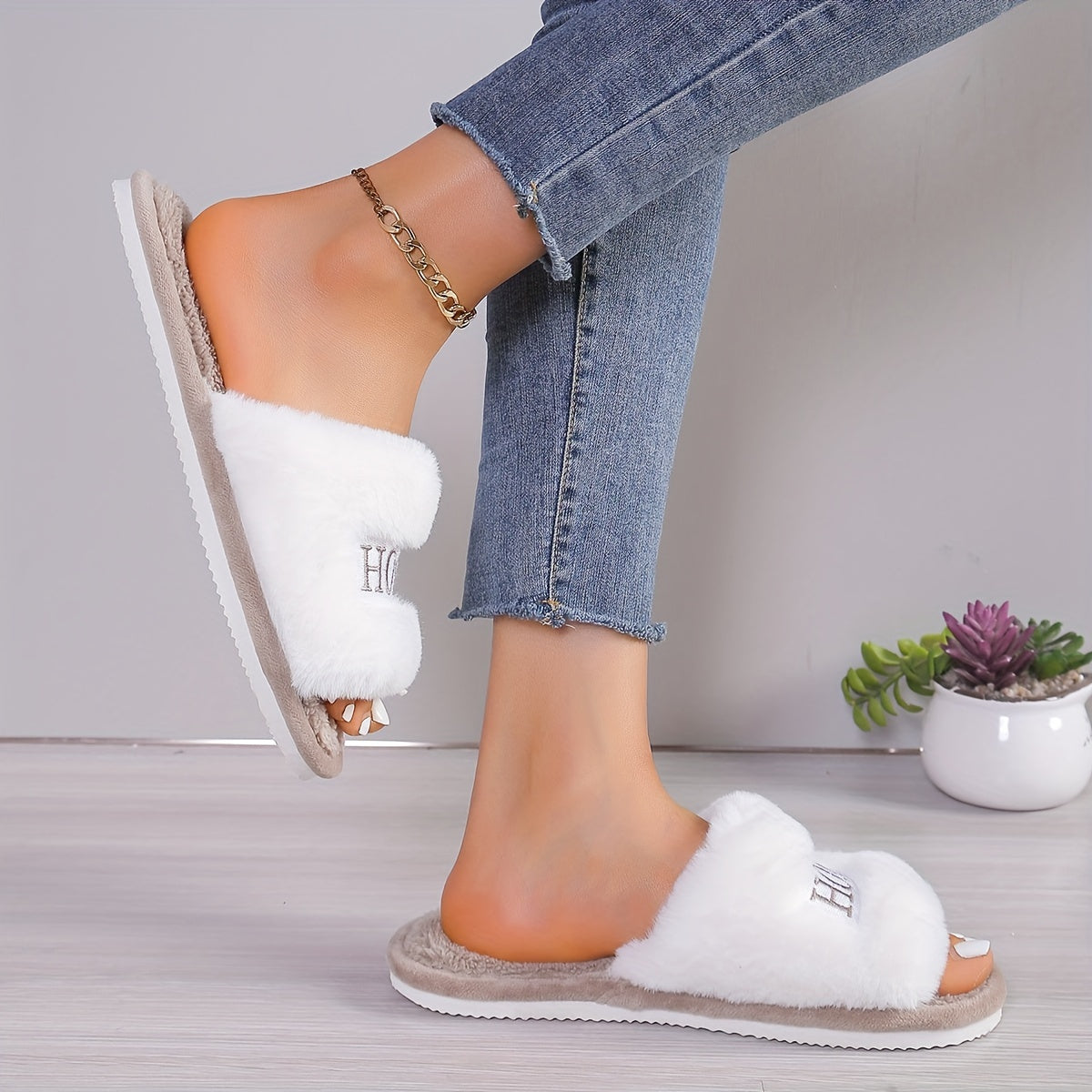 White Women's Plush Slippers with "HOME" Embroidery Indoor Cozy Furry Slip-Ons