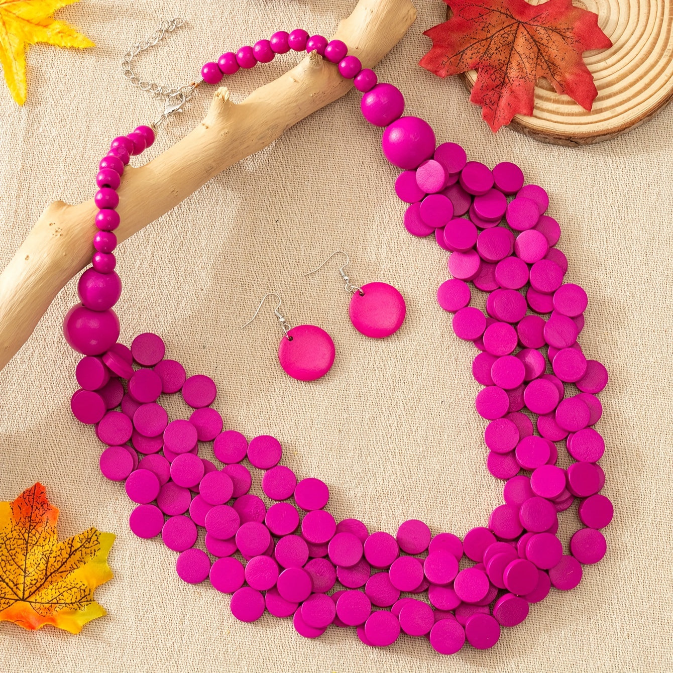 Wooden Boho Style Jewelry Set with Earrings and Necklace for Women