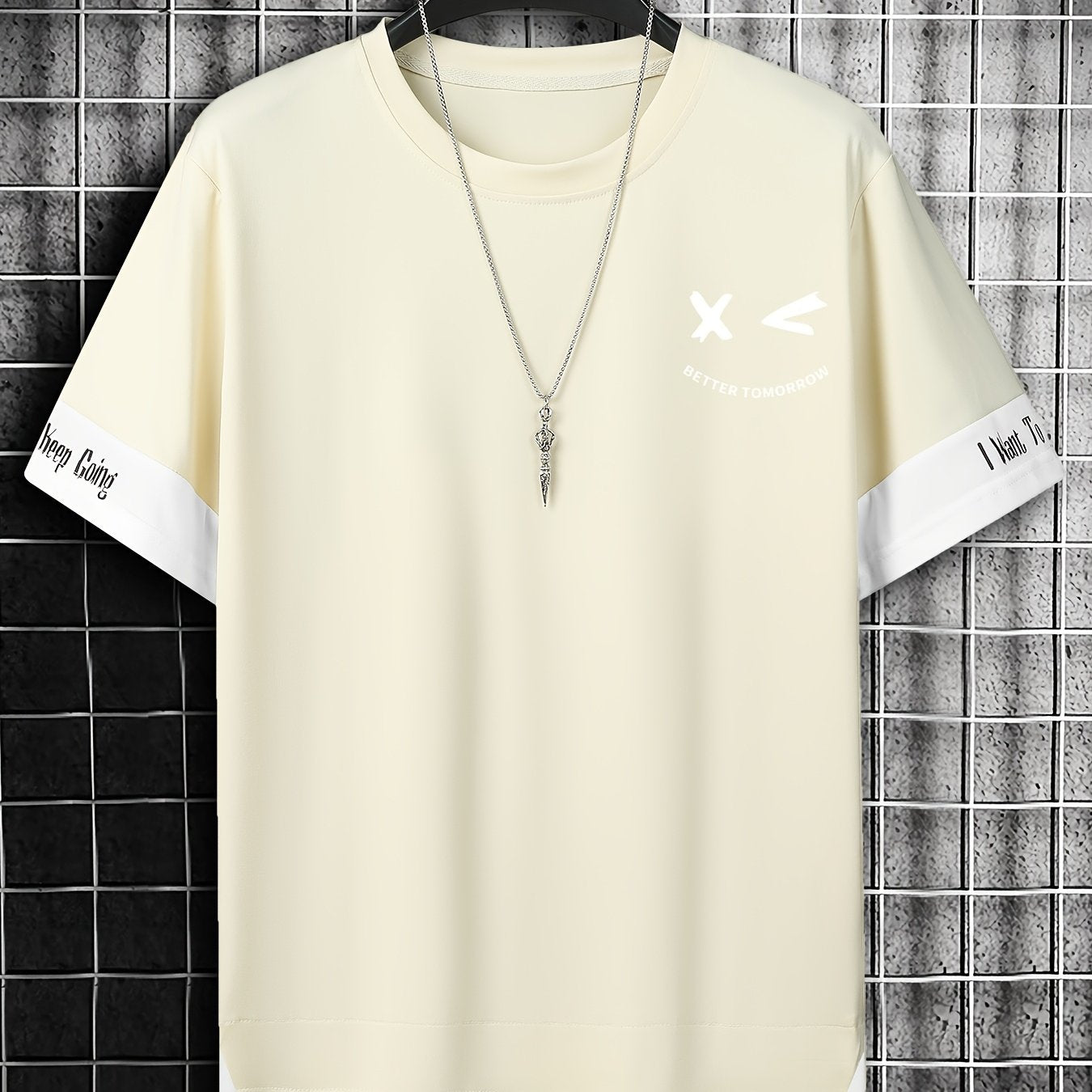 Men's Color-Blocked Short Sleeve T-Shirt with Letter Print Faux Two-Piece Summer Casual