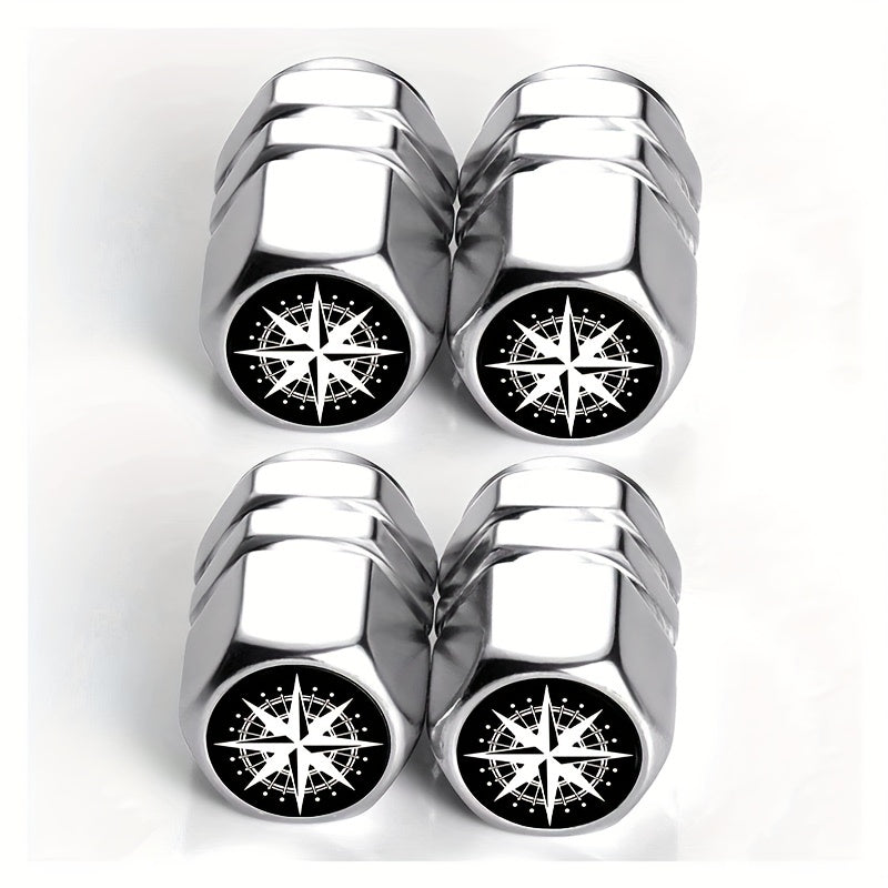 4PCS Black Aluminum Alloy Tire Valve Caps Stylish Compass Design for Cars SUV Motorcycle