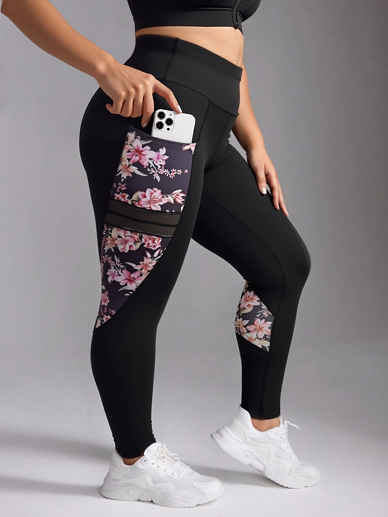 Plus Size High-Waisted Floral Yoga Leggings Breathable Stretchy Black