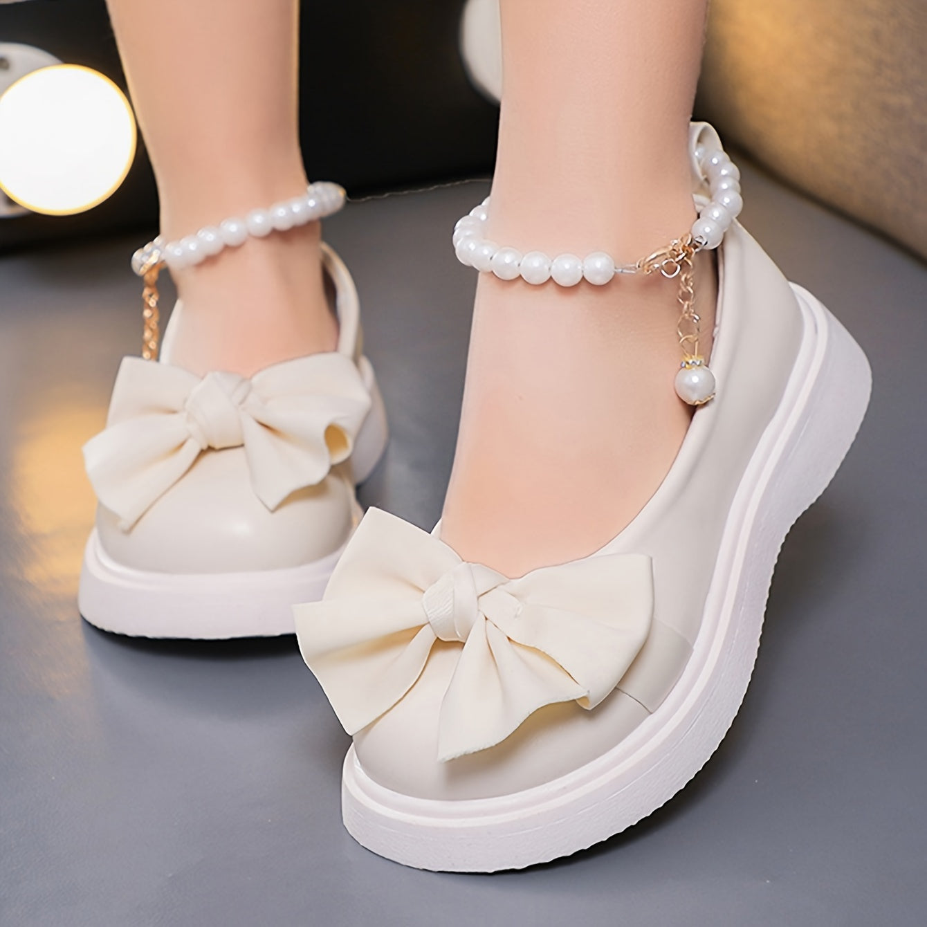 Zapatos Mary Jane para niñas con decoración de lazo de perlas para fiestas y uso casual
