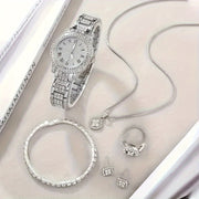 Women's Silver Quartz Watch and Jewelry Set for Gift Giving Valentine Easter Eid