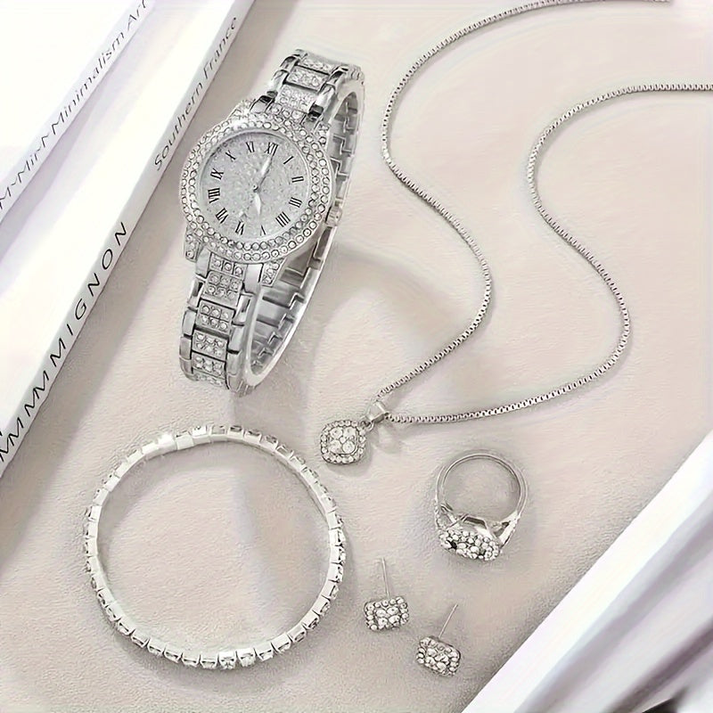 Women's Silver Quartz Watch and Jewelry Set for Gift Giving Valentine Easter Eid