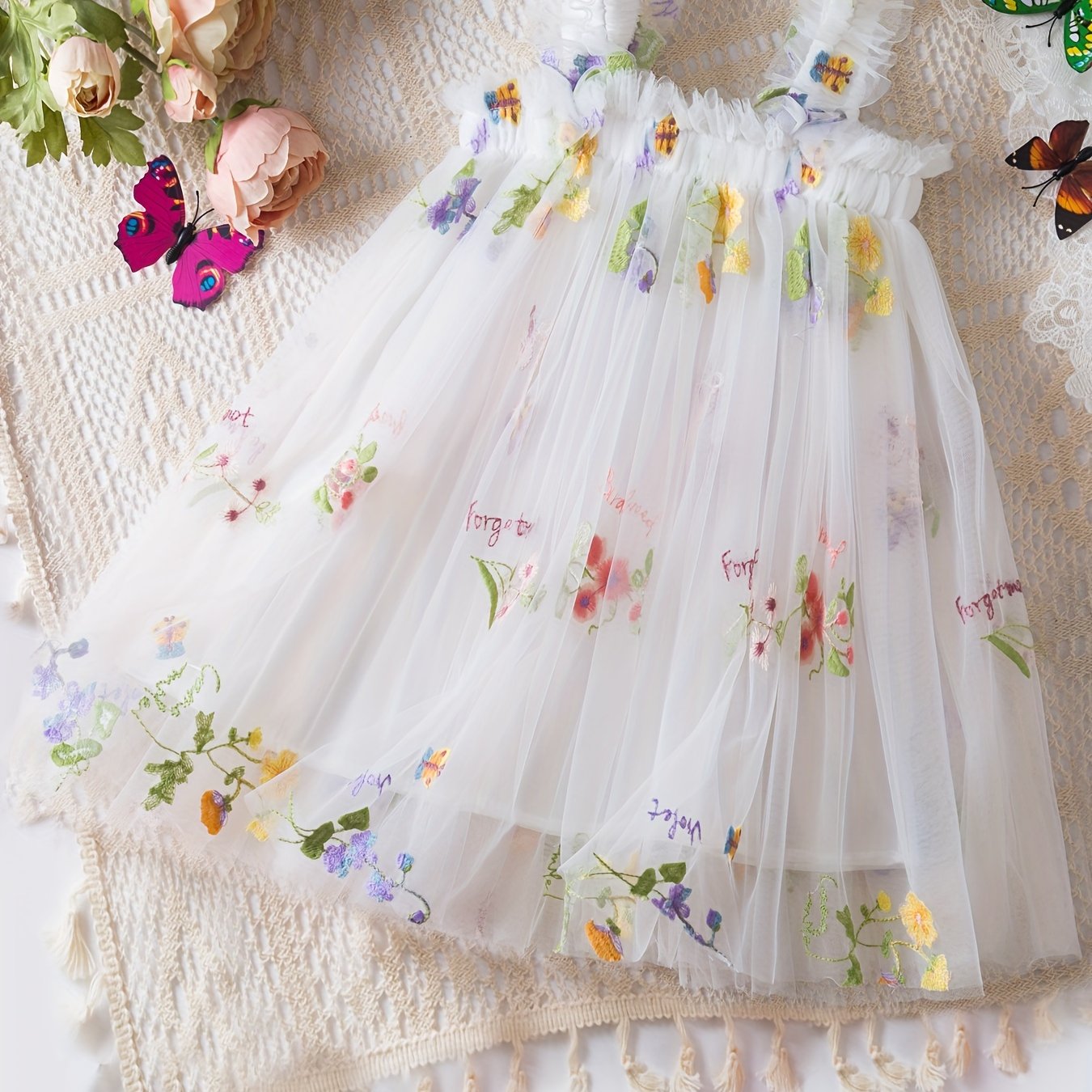 Baby Girl Sleeveless Mesh Dress with Flower Embroidery for Summer Birthdays