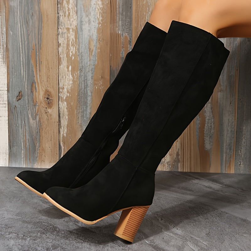 Women's Leather Knee-High Boots with Chunky Heel Zipper for Fall and Winter