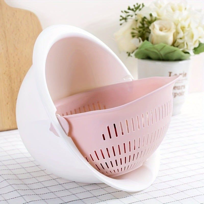 Single piece colander with two-tiered draining basket rotating plastic strainer reusable washing basket for kitchen