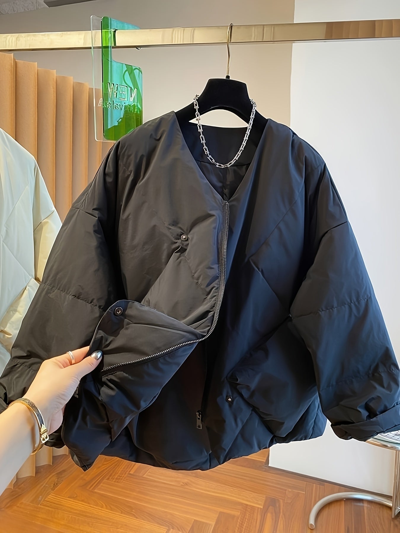 Women's Winter Coat V-Neck A-Line Nylon Thermal Insulated Long Sleeve Solid