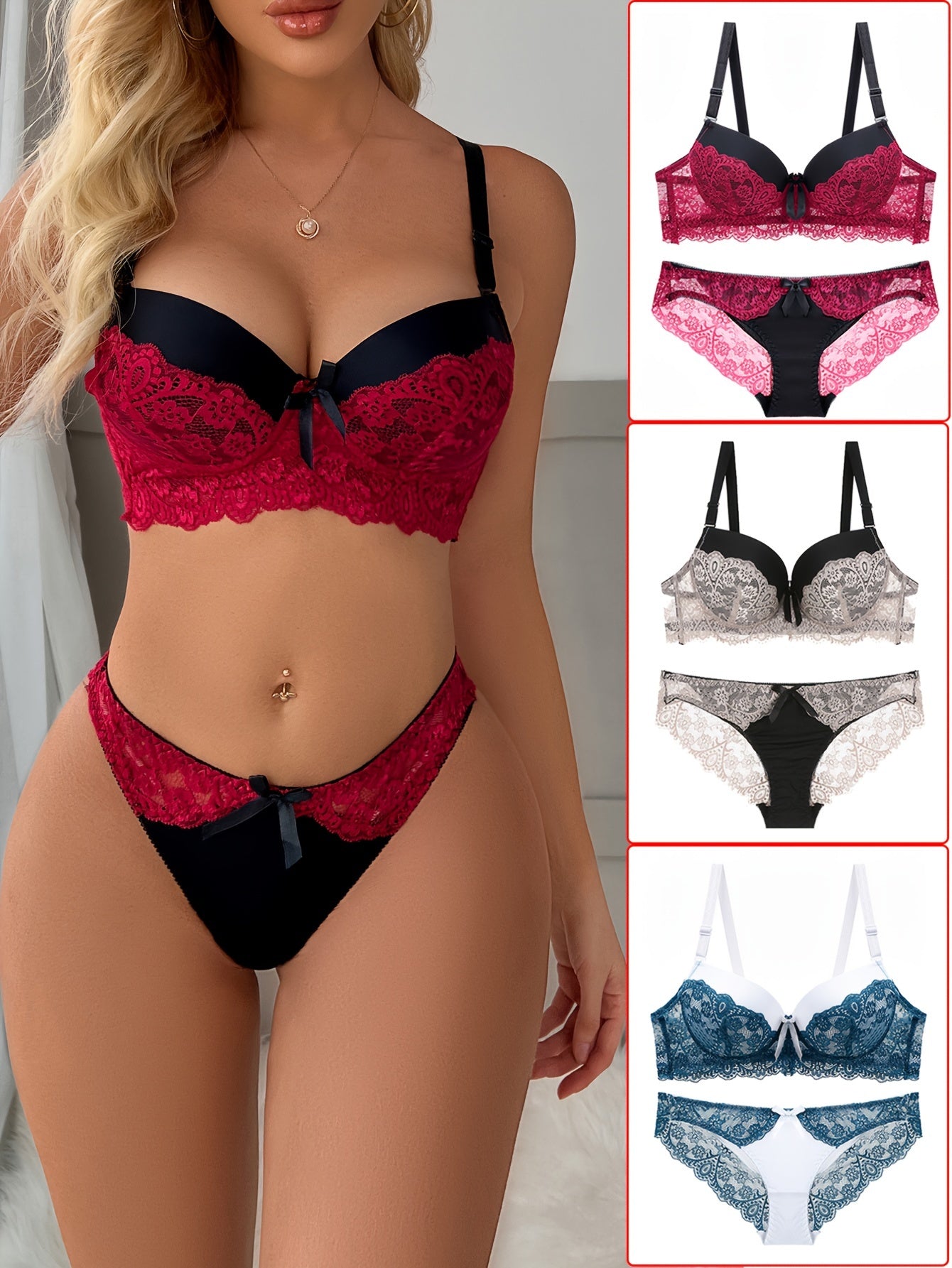 3-Piece Floral Lace Lingerie Set with Camisole Bra and Panty