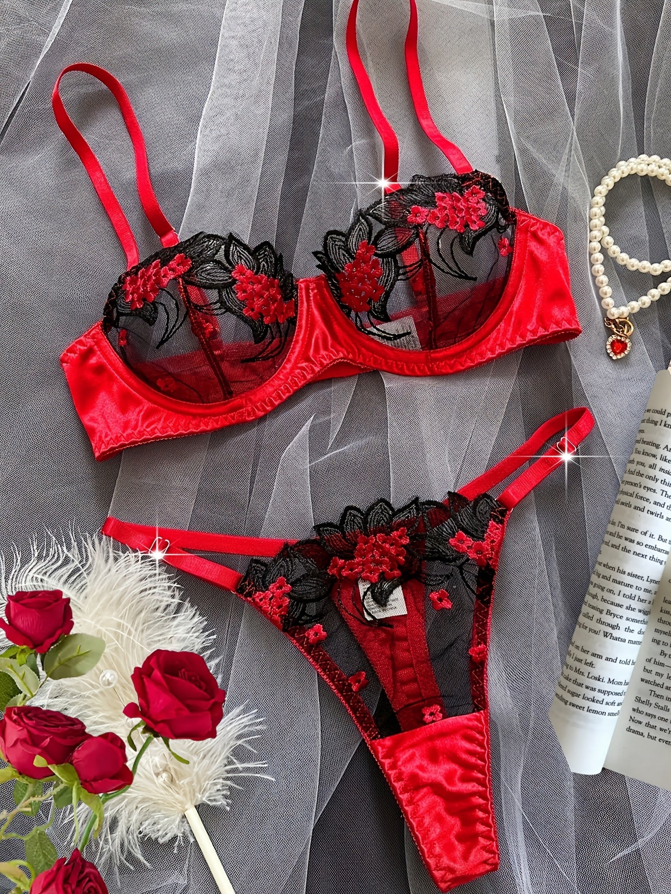 Women's Floral Embroidered Mesh Lingerie Set with Medium Support for Dating and Parties