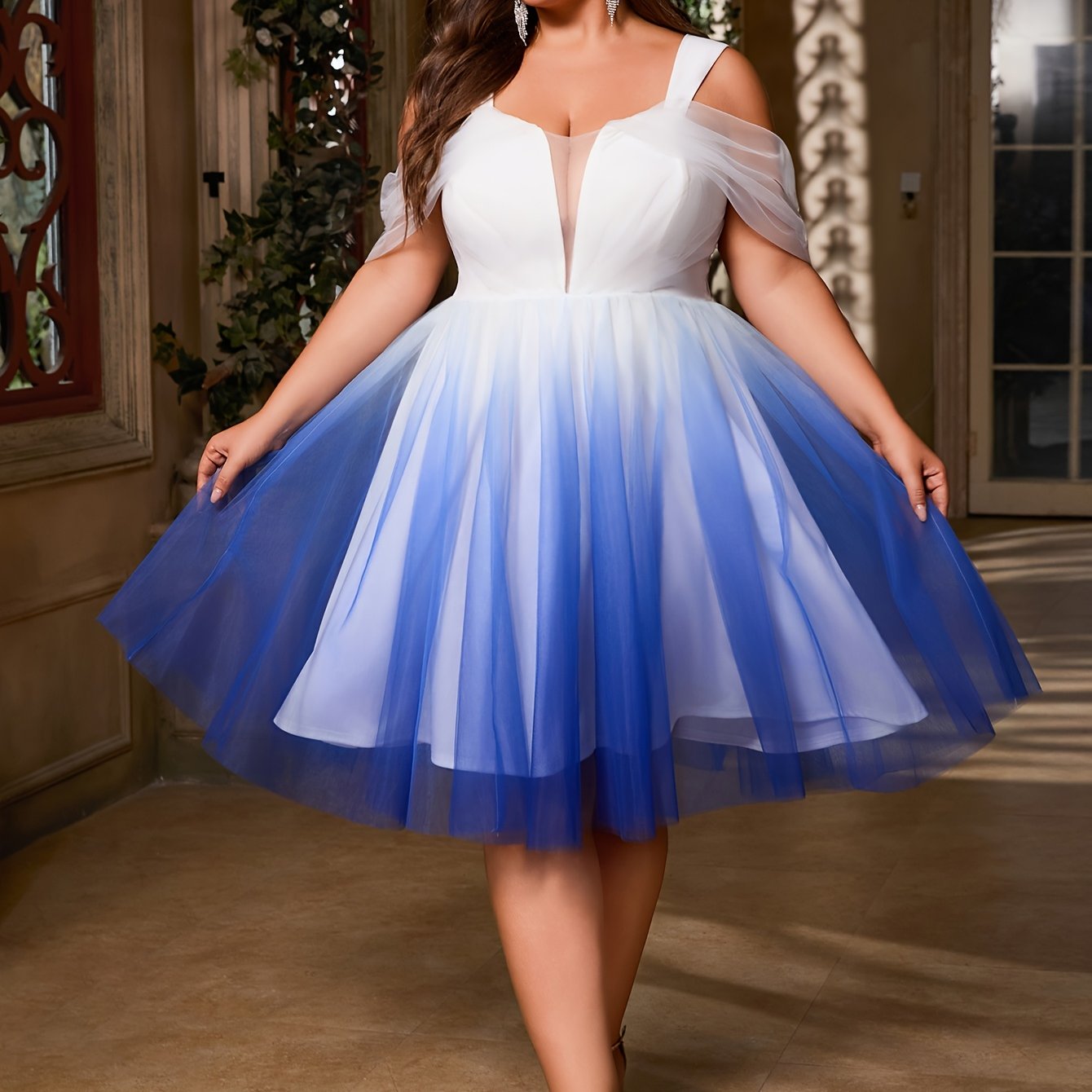 Plus Size Women's Off-Shoulder Prom Dress Gradient Purple Blue A-Line Gown