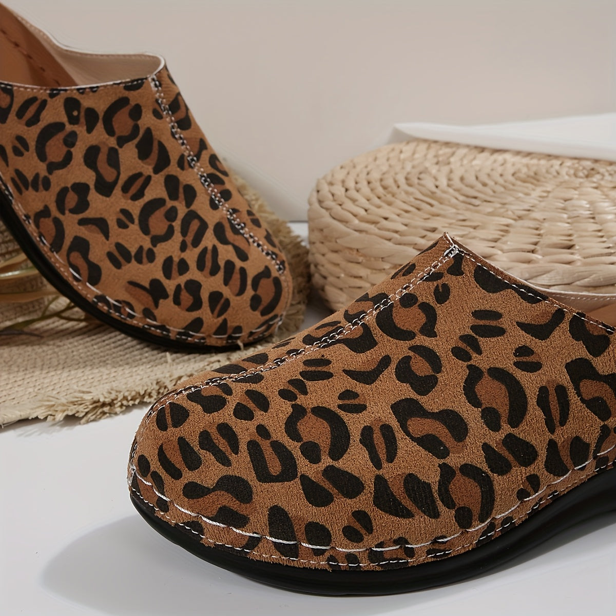 Women's Leopard Print Slip-On Mules Casual Shoes with Rubber Sole