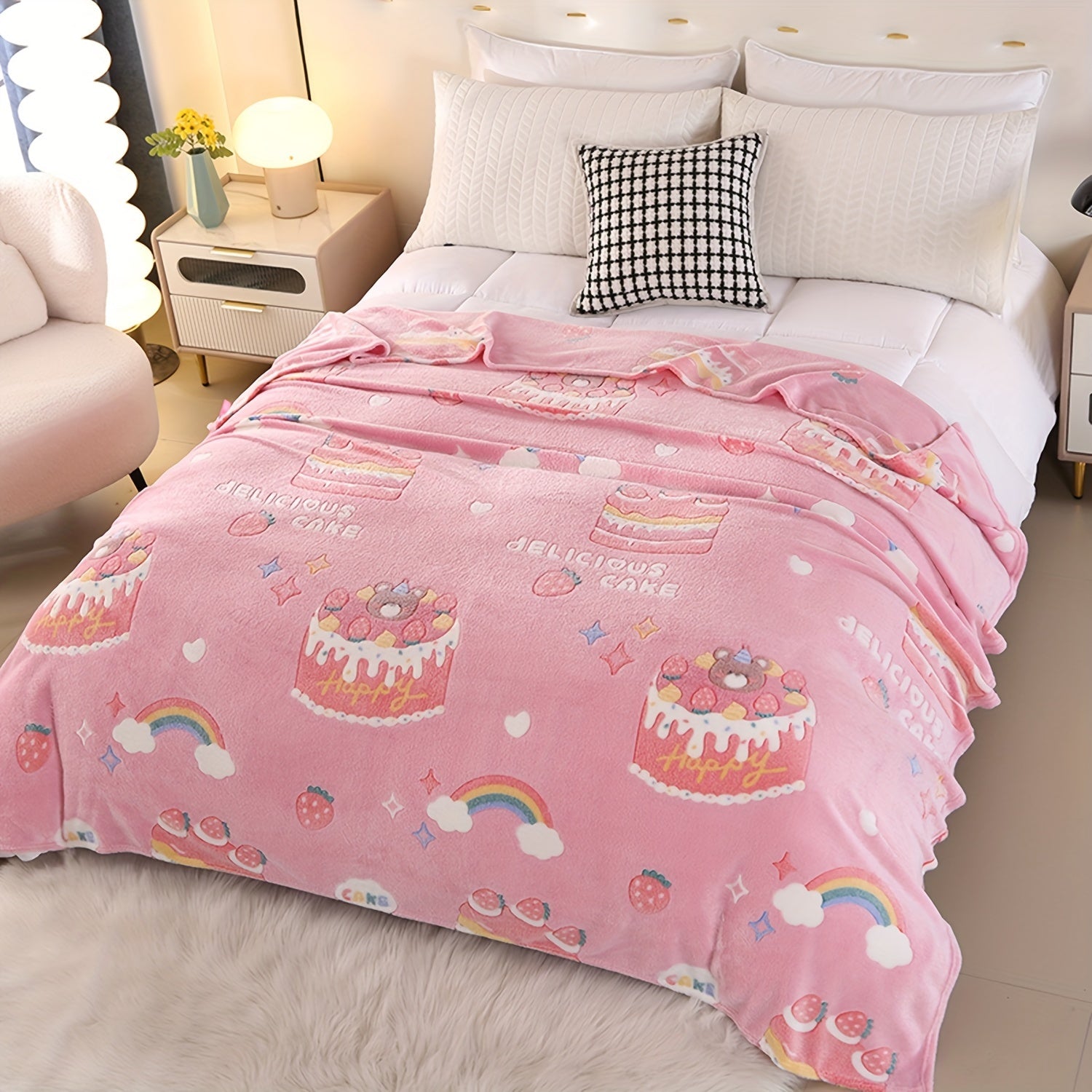 Cartoon Print Flannel Blanket for Kids and Adults Cozy Soft Warm Bed Couch Use