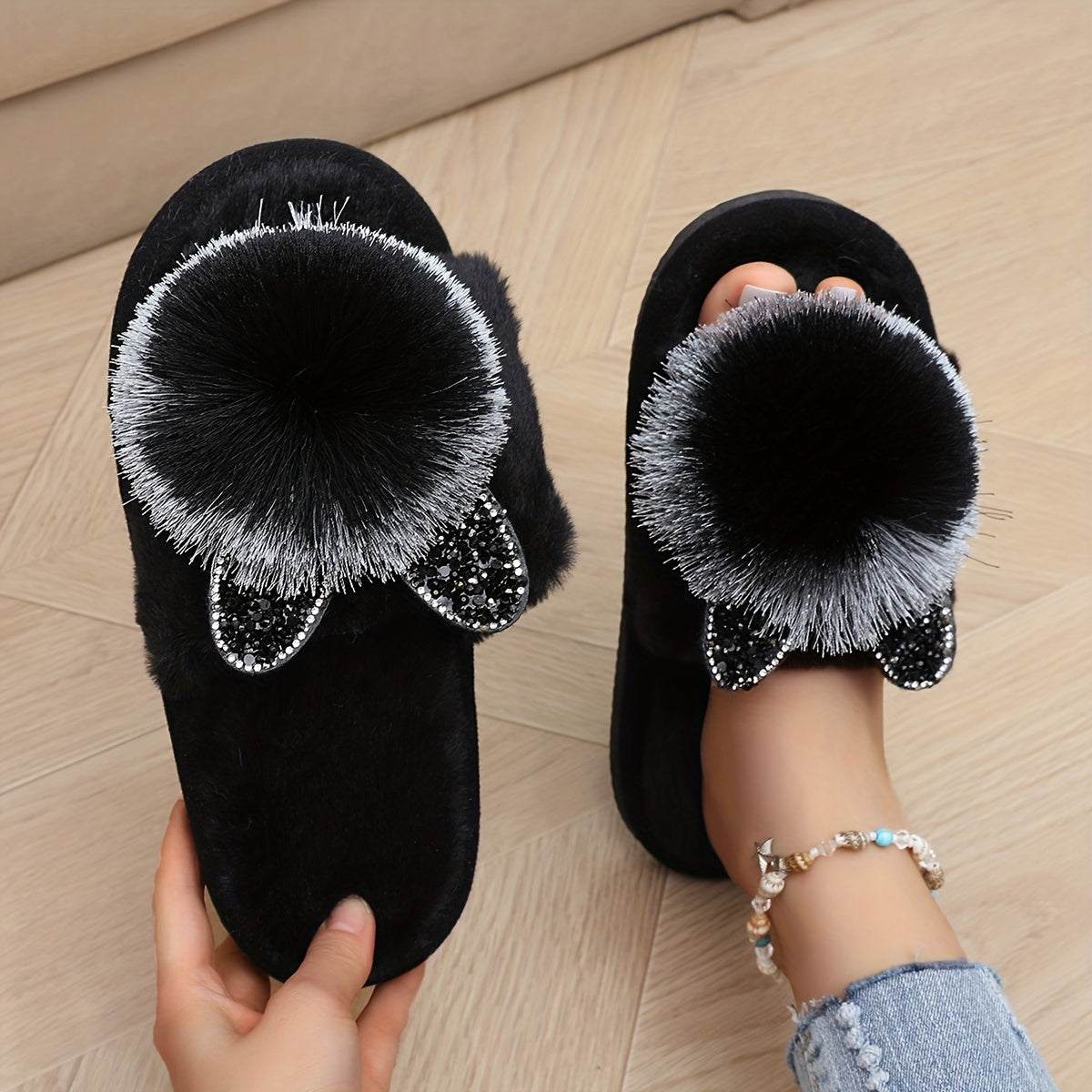 Women's Plush Faux Fur Slippers with Rhinestone Ears Indoor Outdoor Cozy Footwear