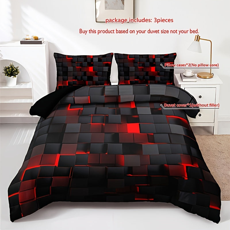 Grid Print Bedding Set 3-Piece Duvet Cover and Pillowcases for Bedroom or Guest Room