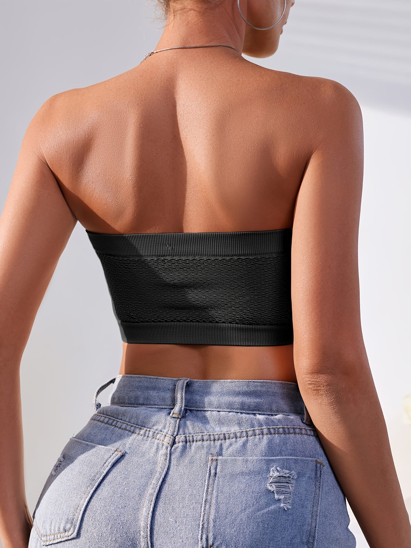 Women's Seamless Mesh Non-Slip Wireless Bandeau Bra Black 3 Pack