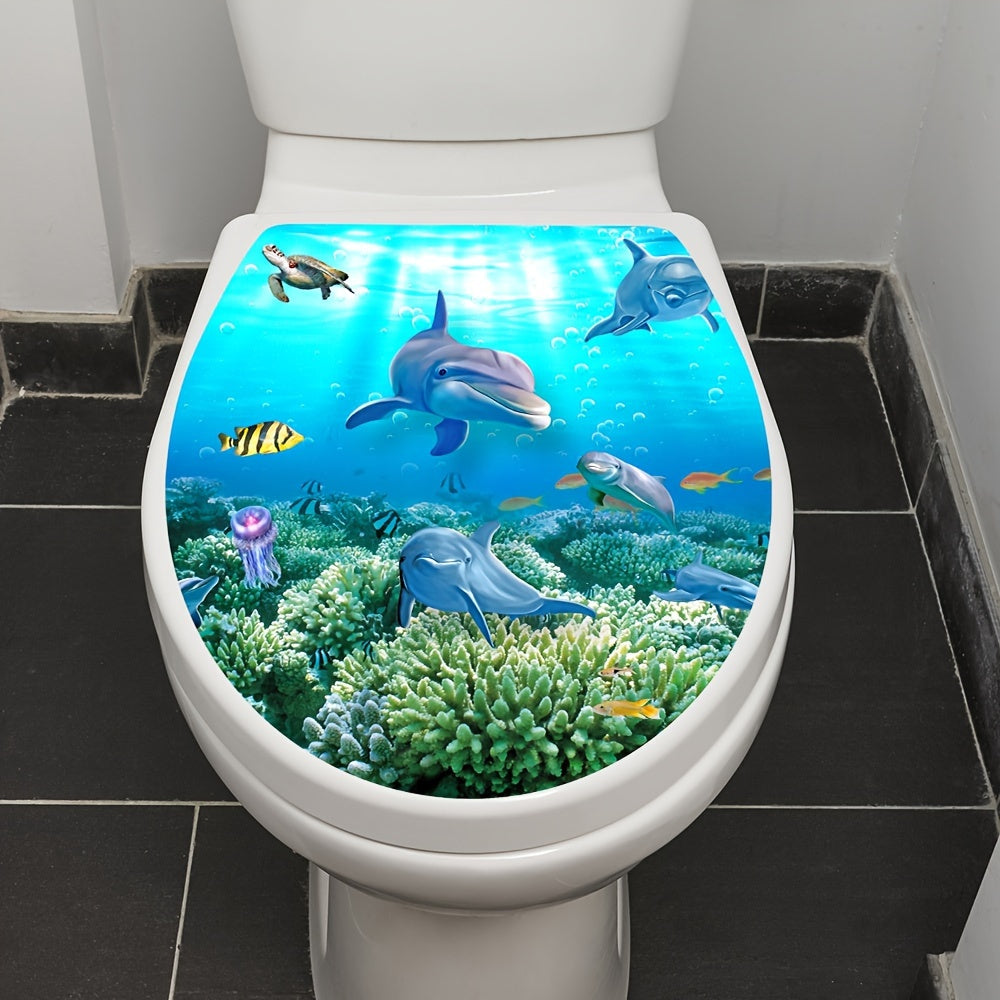 Cartoon Shark and Turtle Bathroom Sticker Matte Finish Self-Adhesive Toilet Lid Decal