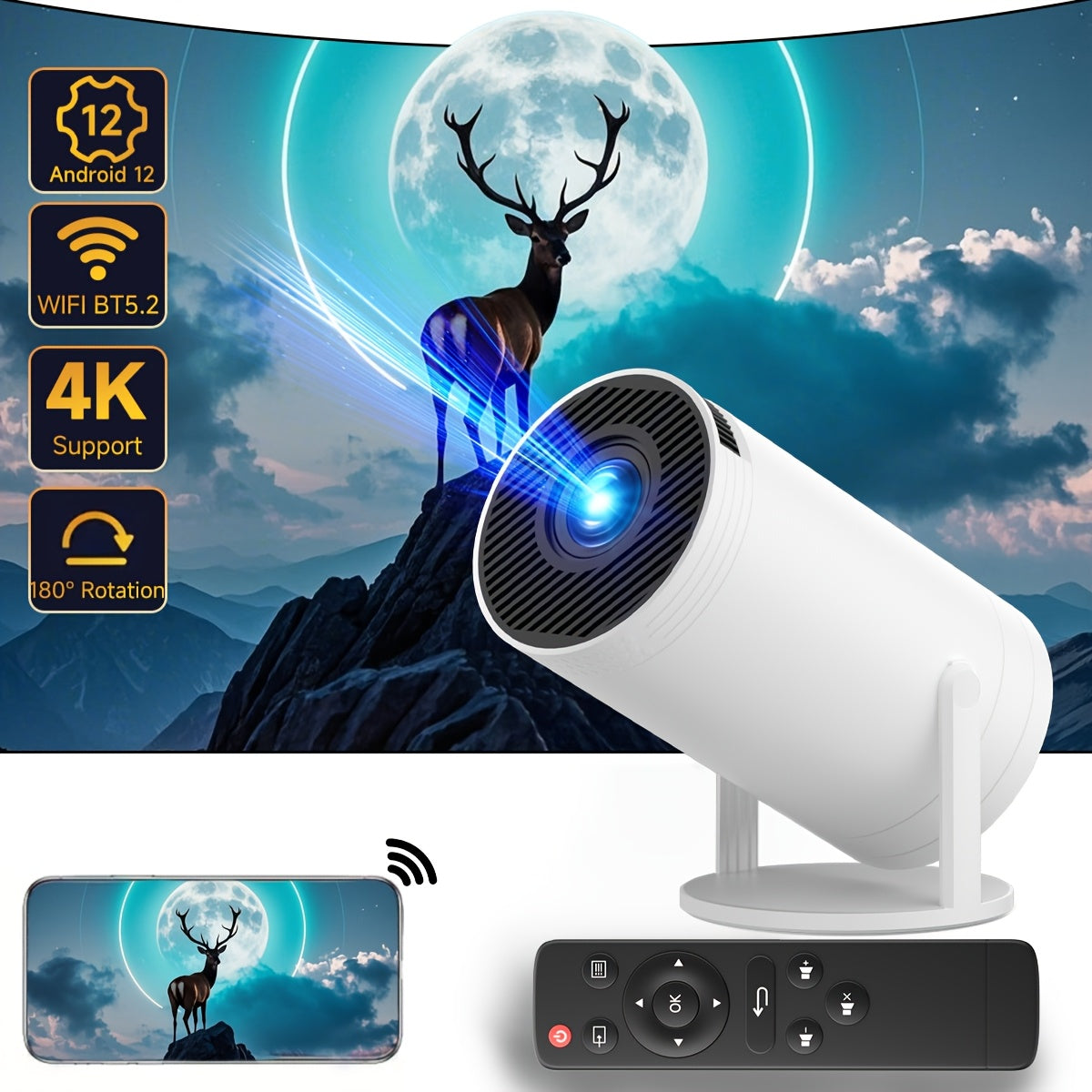 Portable High Brightness Projector Support 720P 1080P WiFi Bluetooth EU Plug