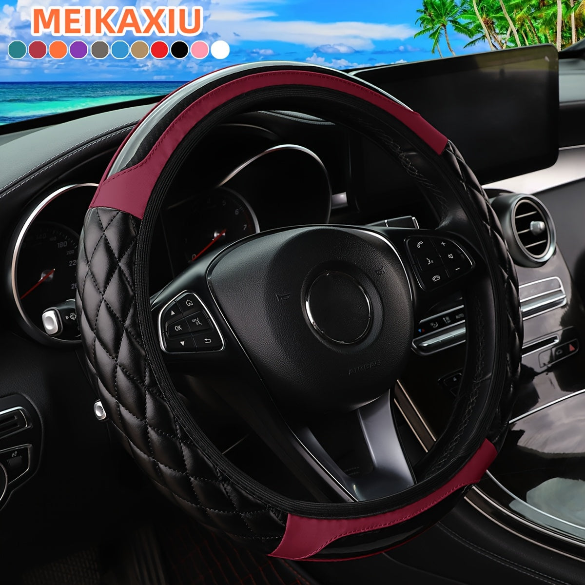 3D Embroidered Crystal Carbon Fiber Faux Leather Steering Wheel Cover Universal Fit 36.83-38.1 cm for Cars in 5 Colors
