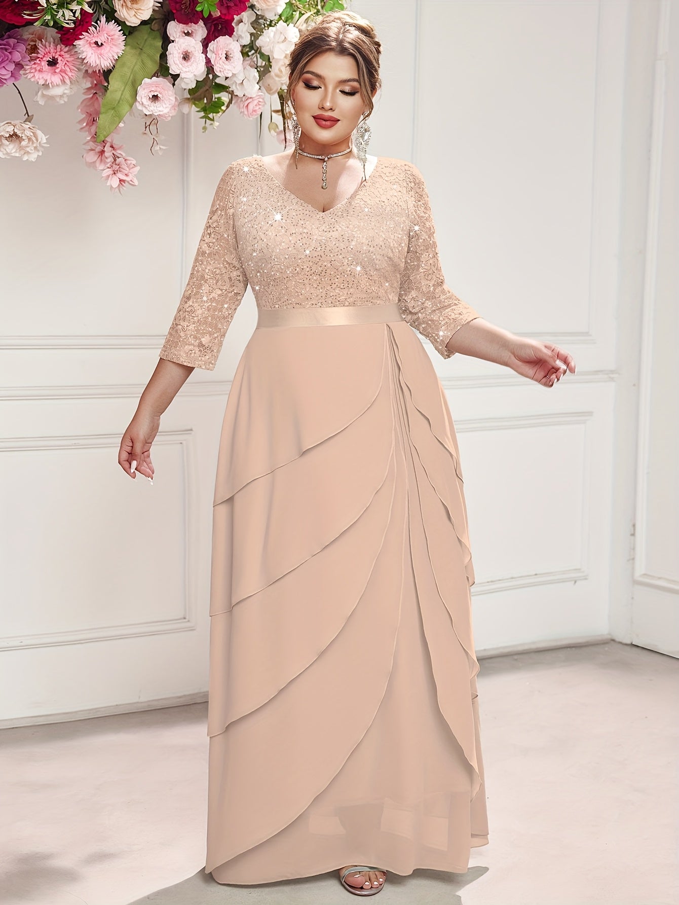 Plus Size Women's Sequin Lace V-Neck Maxi Dress Formal Evening Gown