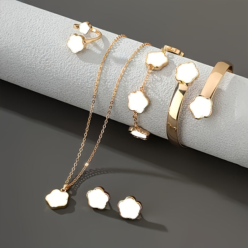 Ayollar uchun 5 ta bo'lakli gul zargarlik to'plami Vintage uslubdagi taqinchoq, bilaguzuk, quloq taqinchoq, uzuk, bangil, sovg'a