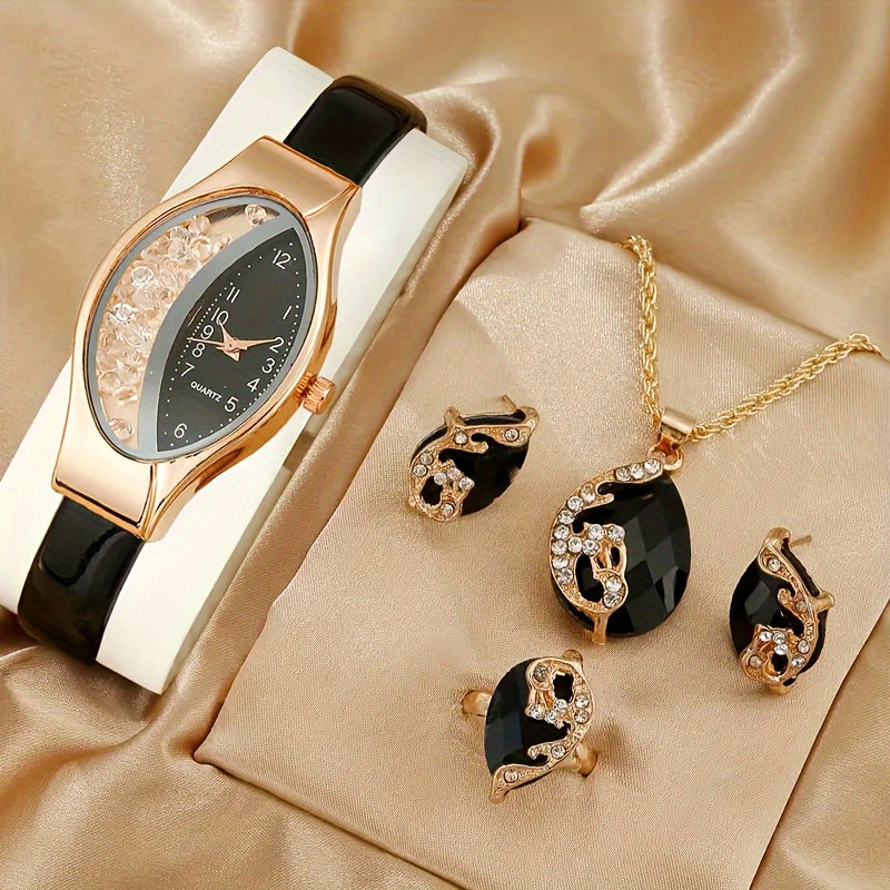 Set of 5 Quicksand Watches and Accessories for Women with Alloy Cases and PU Leather Bands