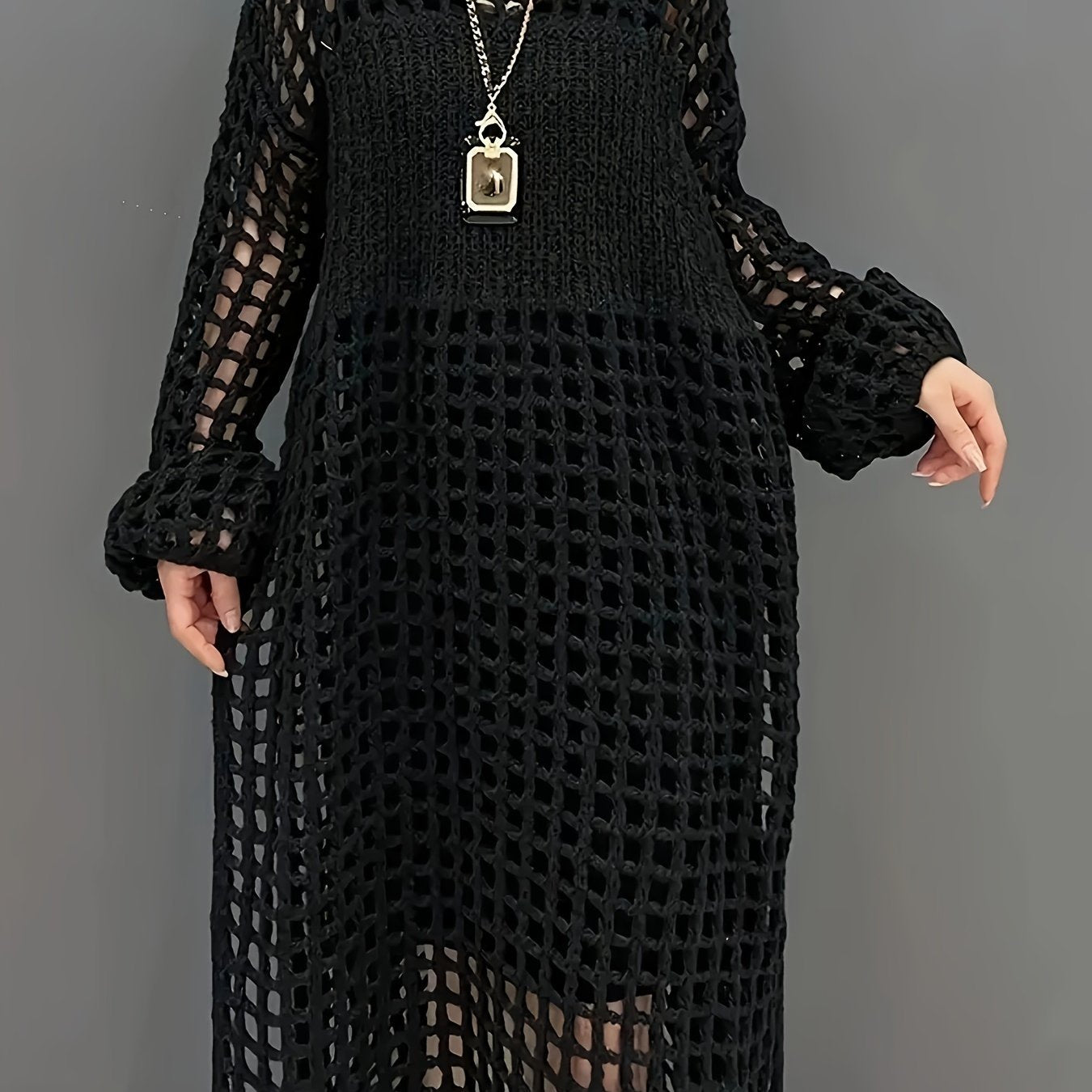 Qora to'qilgan plyaj kiyimi, uzun qo'l, bo'sh joyli, tənəffüs qiladigan polyester aralashmasi, ta'til uchun kiyinadigan qoplama