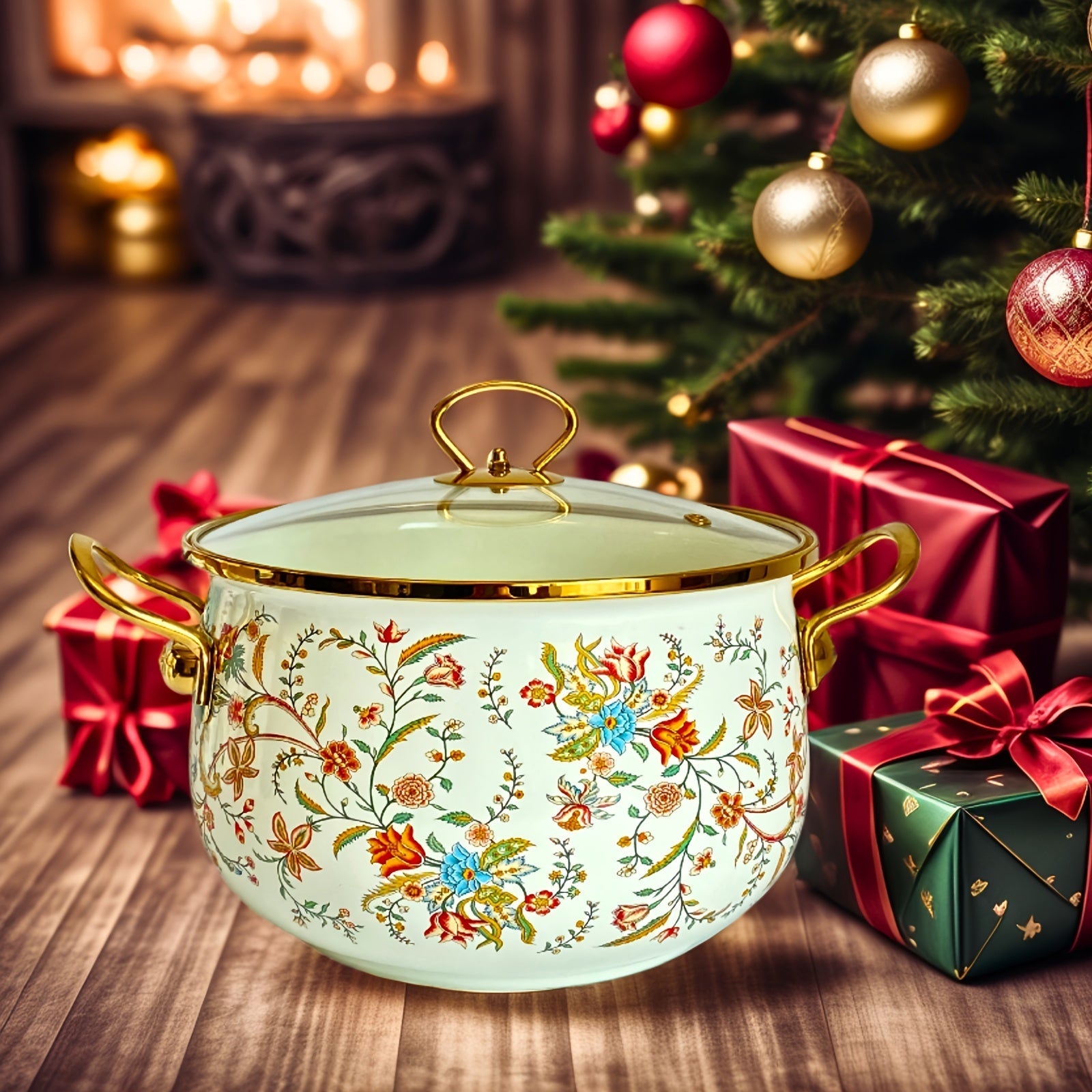 European Style Enameled Pot Set with Floral Design Non-Stick Coating Various Sizes