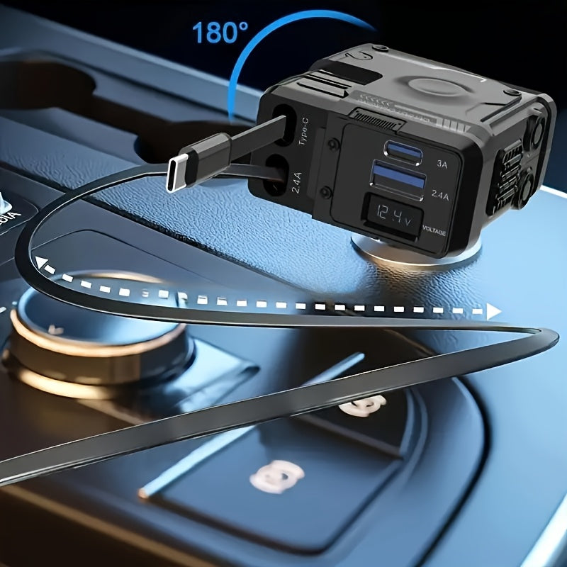 Cargador de coche retráctil con cable de 80cm, 66W, adaptador USB rápido 4 en 1