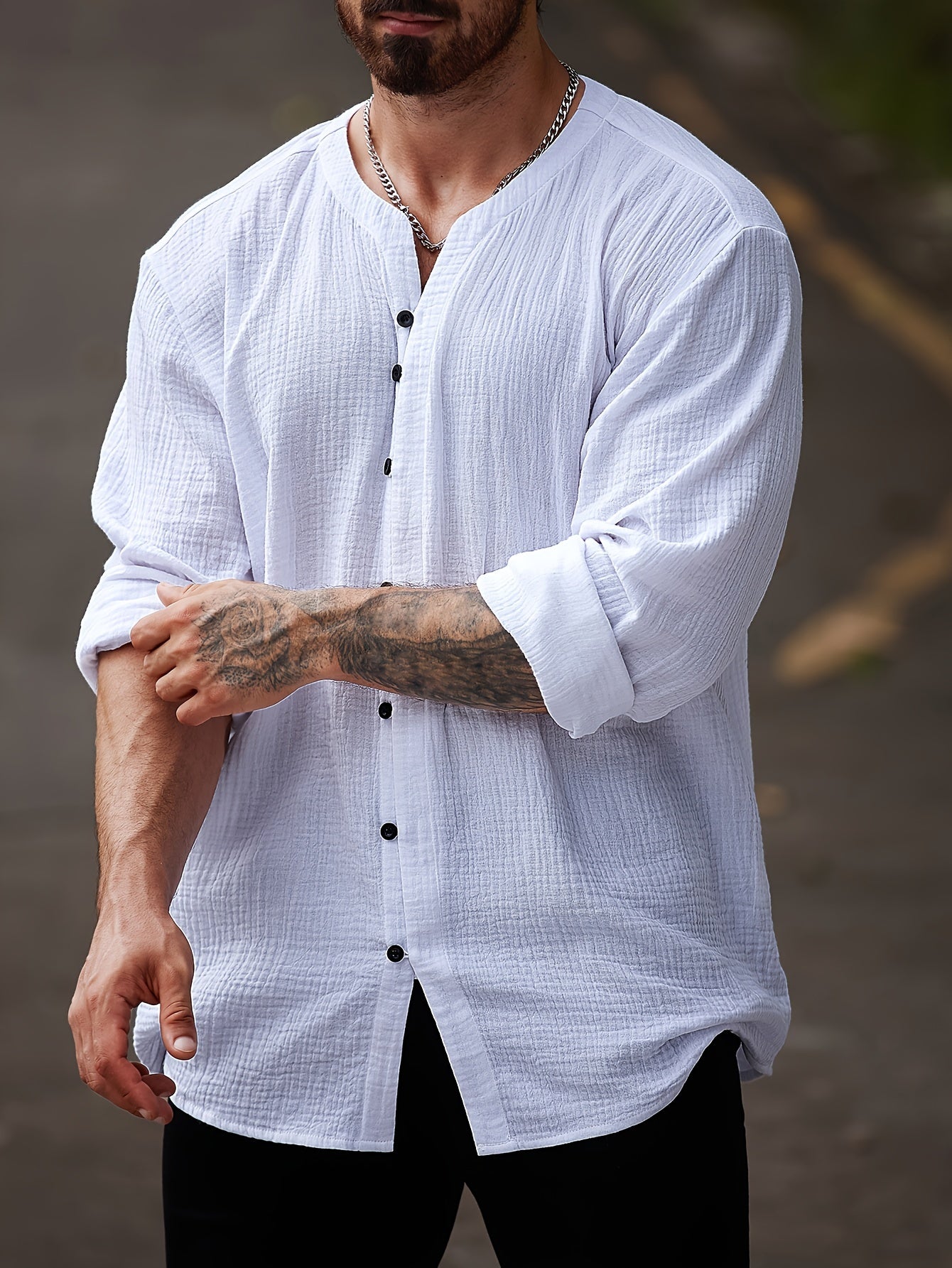 Men's Cotton Casual Shirt Large Crew Neck Solid Color Spring Fall