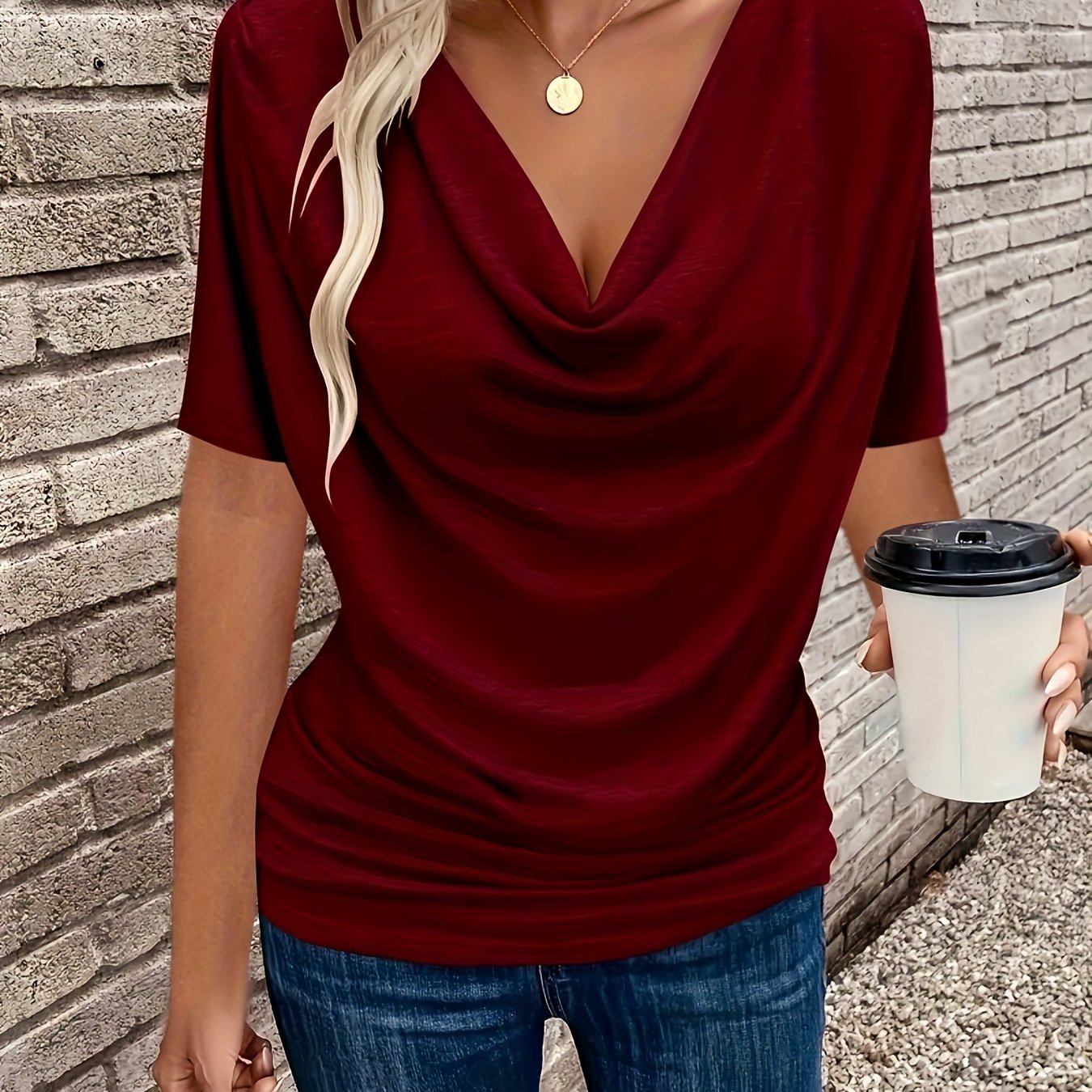 Blusa de manga corta con escote en V para tallas grandes de mujer, tela elástica resistente a las arrugas