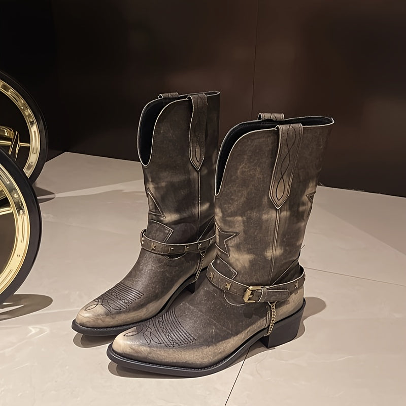 Women Western Cowboy Boots Pointed Toe Star Embroidered Mid-Calf Boots