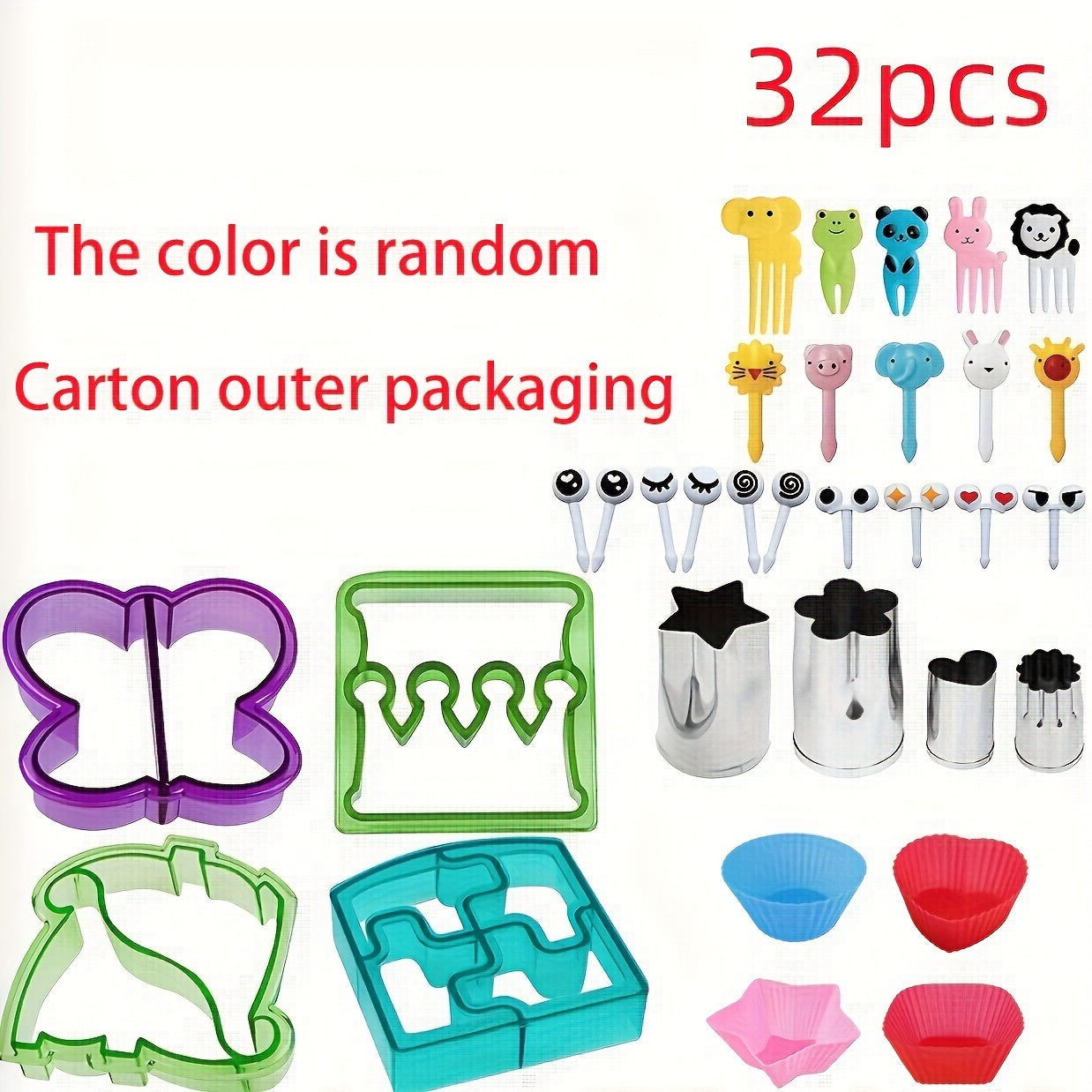 Набор из 32 машинок для резки сэндвичей с веерными вилками, включая 10 машинок для резки форм без использования бисфенола А, 12 оптовых машинок для резки фруктов и овощей из нержавеющей стали и 10 вилок для фруктов.