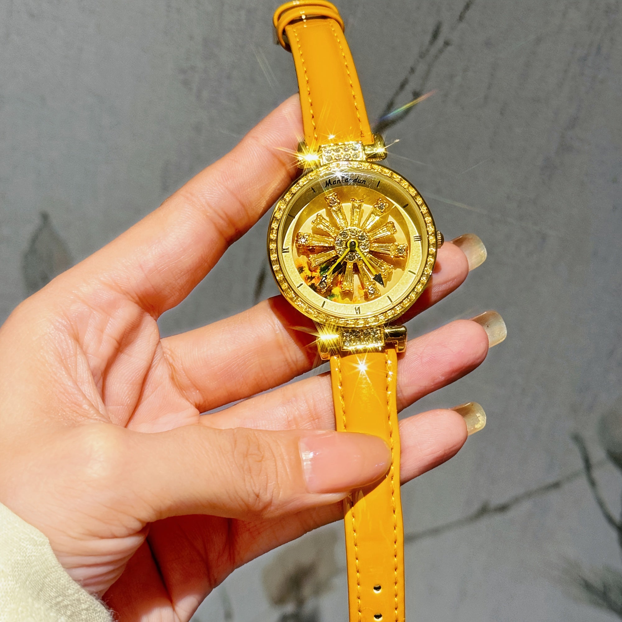 Women's Watch with Transparent Back, Galaxy Dial, Sunflower Design, Rhinestones, Stainless Steel Case, Orange Faux Leather Strap