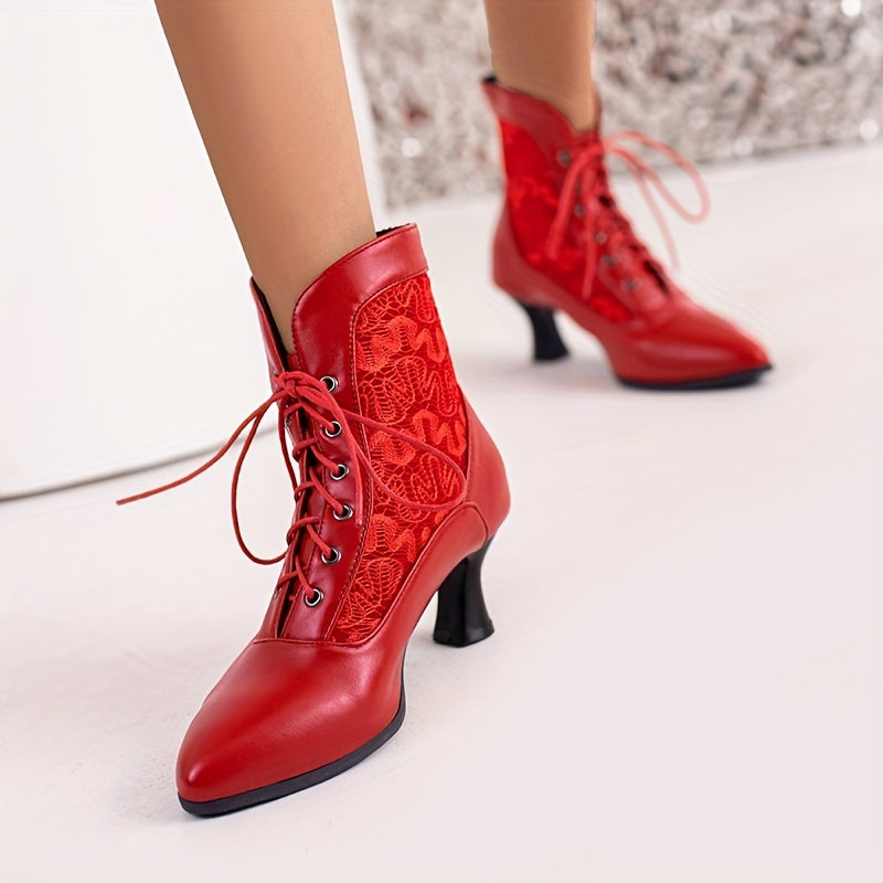 Women's Leather Stiletto Ankle Boots Pointed Toe Lace Up Short Shoes