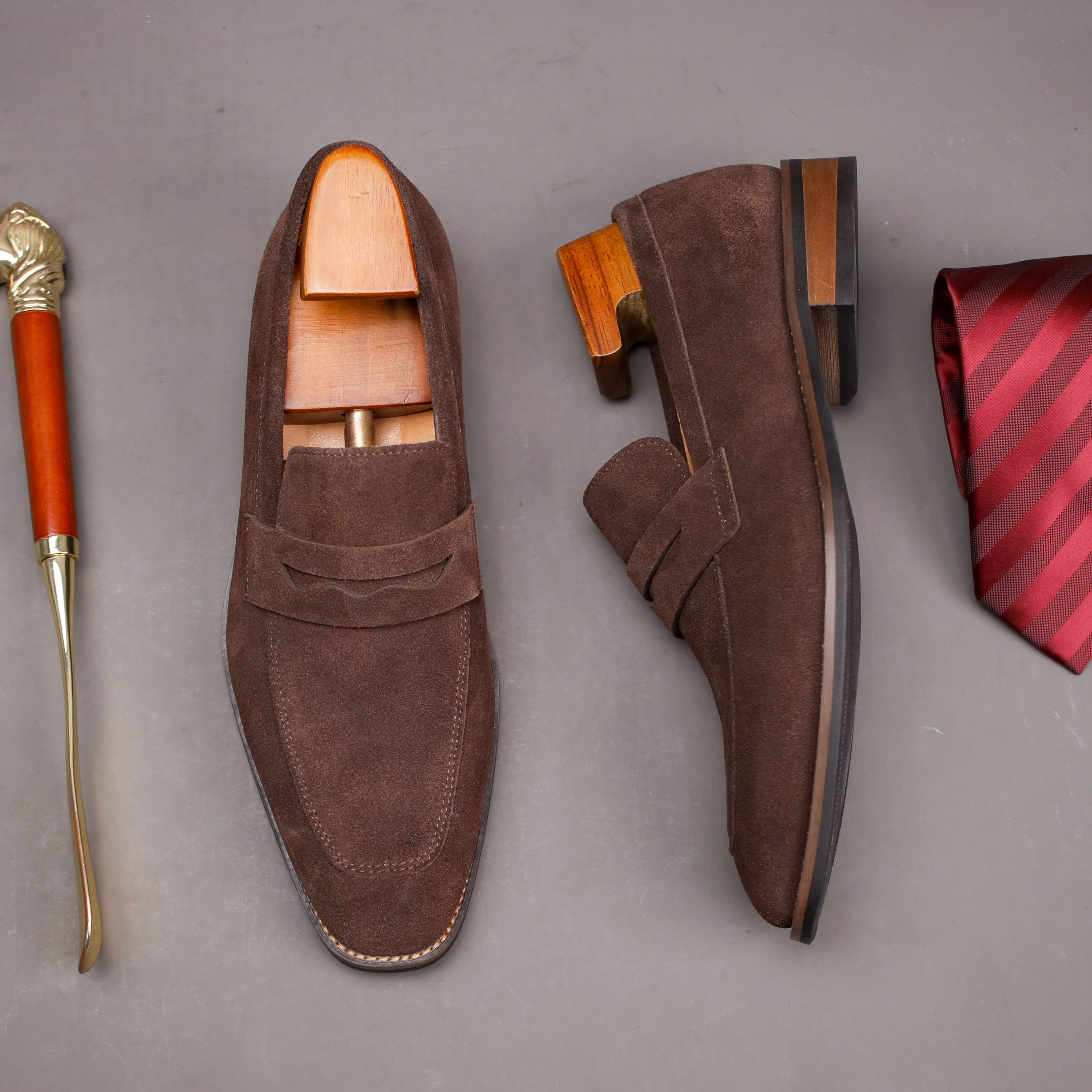 Men's Solid Color Cowhide Leather Penny Loafers Slip-On Dress Shoes for Men