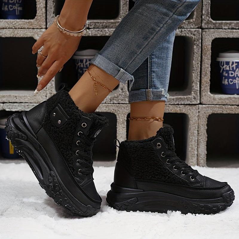 Women's Winter Ankle Boots Casual Lace-Up Flat Heel Solid Fabric Rubber Sole