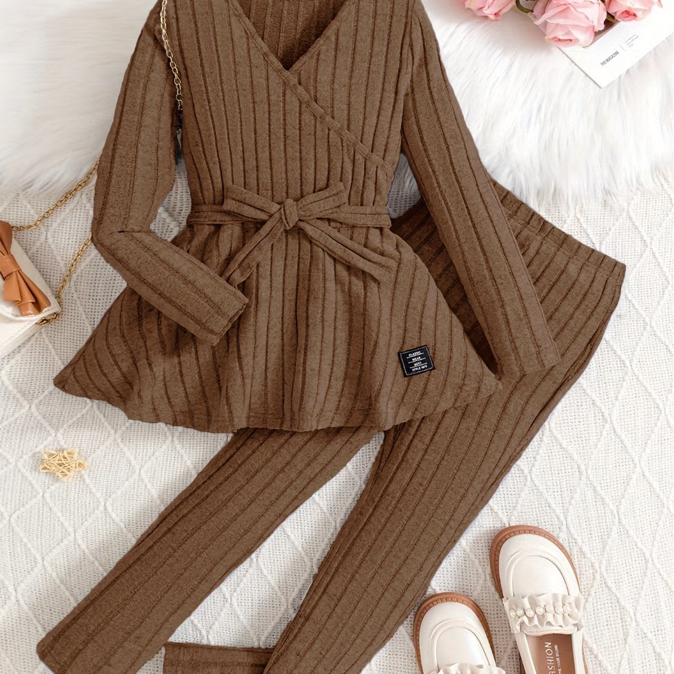 Leggings de rayas de punto de costilla ajustado para niñas primavera verano, con estiramiento medio y amigables con la piel