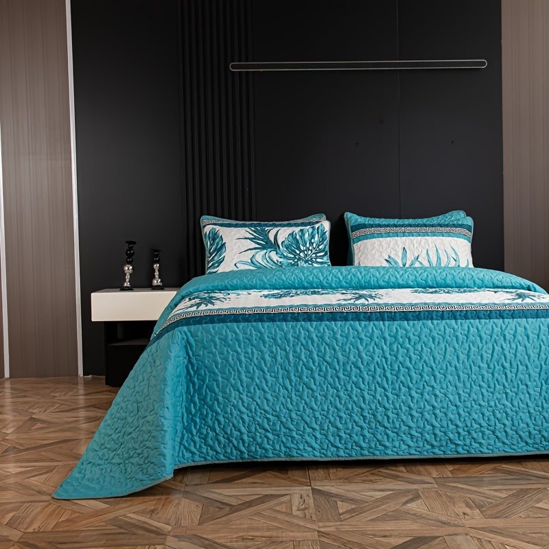 Tropical Palm Print Reversible Bedspread Set with 2 Pillowcases 3 Pieces Ultra Soft Polyester