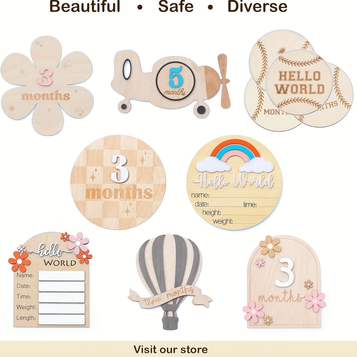 Wooden Milestone Cards Set for Baby Growth Tracking with Floral Design 1-12 Months