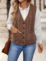 Plus Size Women's Brown V-Neck Sleeveless Vest Geometric Button Front