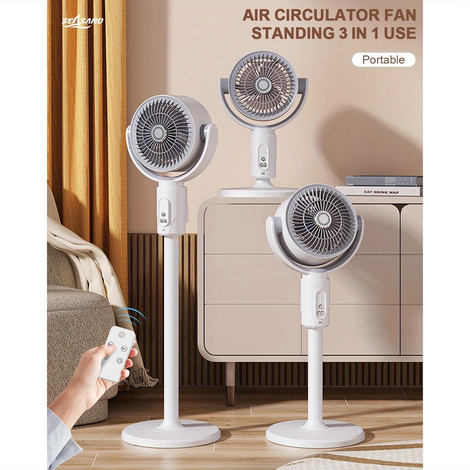 Air Circulation Fan 5 Speeds Remote Control Adjustable Height 8 Timers White