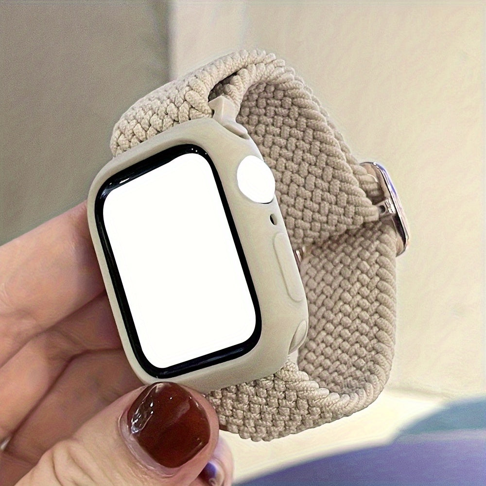 Adjustable Polyamide Watch Band Set with Breathable Elastic Woven Straps and Silicone Case for Apple Watch 38-49mm