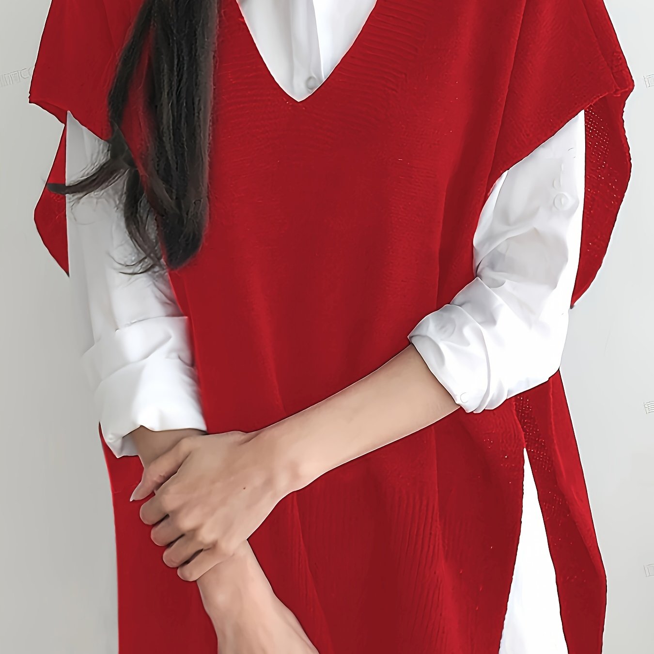 Women's Plus Size V-Neck Slit Top Stretchy Semi-Sheer Blouse