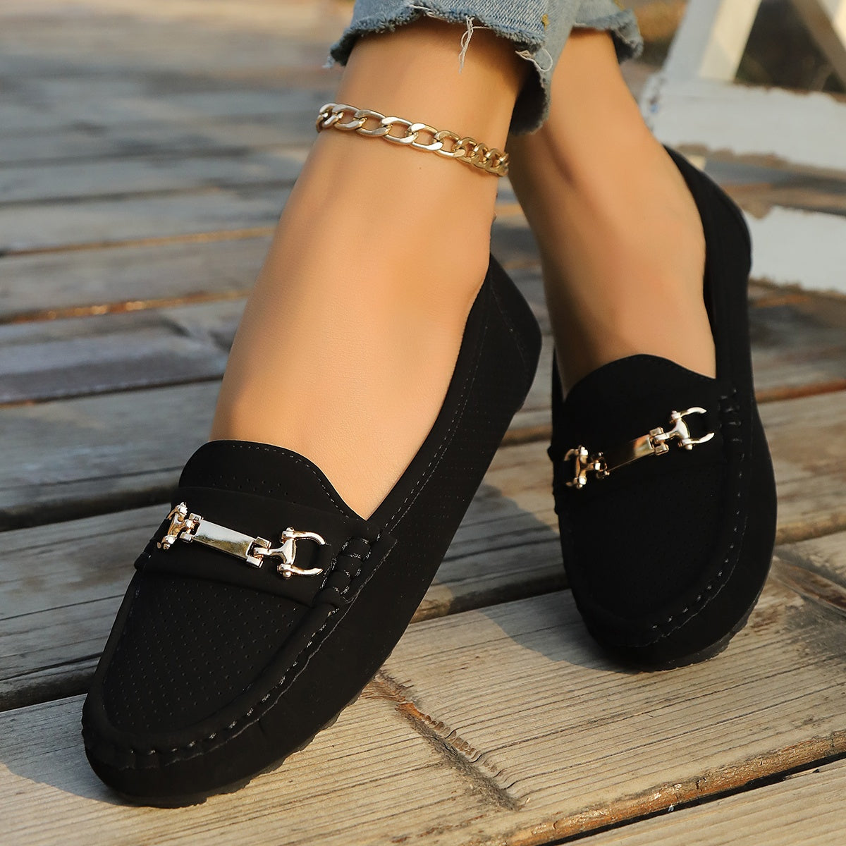 Women Slip-On Loafers Black Comfortable Casual Flat Shoes All-Season